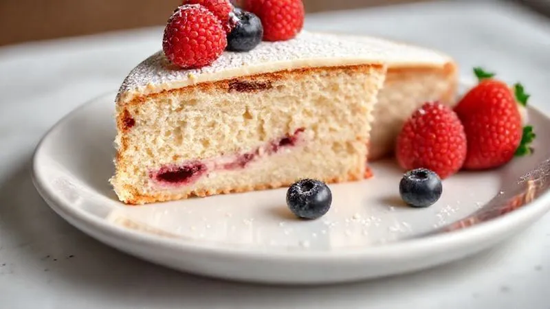 A close-up, photorealistic shot of a beautifully decorated, low-calorie, gluten-free almond flour cake on a minimalist white plate. The cake slice reveals a moist, delicate crumb. It is garnished with fresh berries (raspberries, blueberries) and a light dusting of powdered erythritol. Soft, diffused lighting, sharp focus on the cake, depth of field, 8K hyper-detailed, professional photography.