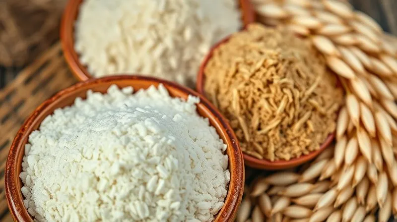 Photorealistic, professional photography, 8K, cinematic lighting, sharp focus, depth of field, shot on a high-end DSLR. A close-up of different types of rice flour (white and brown) in small ceramic bowls, labeled, next to a handful of rice grains. The texture of the flour is visible, slightly powdery but with distinct characteristics. Soft, warm lighting emphasizes the natural colors and subtle differences.