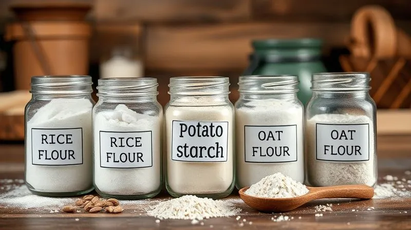 Photorealistic, professional photography, 8K, cinematic lighting, sharp focus, depth of field, shot on a high-end DSLR. A visually appealing arrangement of various gluten-free flours in small, labeled glass jars: rice flour, tapioca flour, potato starch, oat flour, and a tiny spoon with xanthan gum. The background is a warm, rustic kitchen counter, suggesting healthy baking ingredients. Soft, diffused light highlights the textures of the flours.