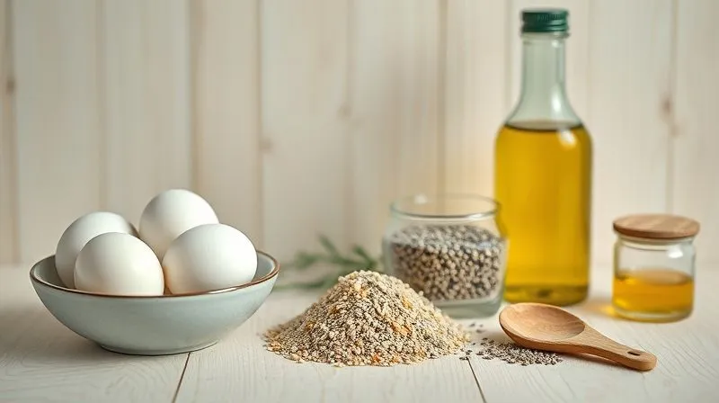 Photorealistic, professional photography, 8K, cinematic lighting, sharp focus, depth of field, shot on a high-end DSLR. A collection of healthy baking binders and fats arranged artfully on a light wooden background: whole eggs in a bowl, a small pile of ground flaxseed, chia seeds in a glass, a bottle of olive oil, and a small jar of coconut oil. The light is soft and inviting, highlighting the natural textures and colors of the ingredients.