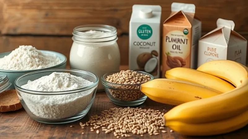 Photorealistic close-up of various gluten-free baking ingredients neatly arranged on a rustic wooden table: a bowl of rice flour, a jar of psyllium husk, flax seeds, a container of coconut oil, a carton of almond milk, and ripe bananas. Soft natural light, sharp focus on ingredients, depth of field blurring the background. 8K, professional photography, shot on a high-end DSLR.