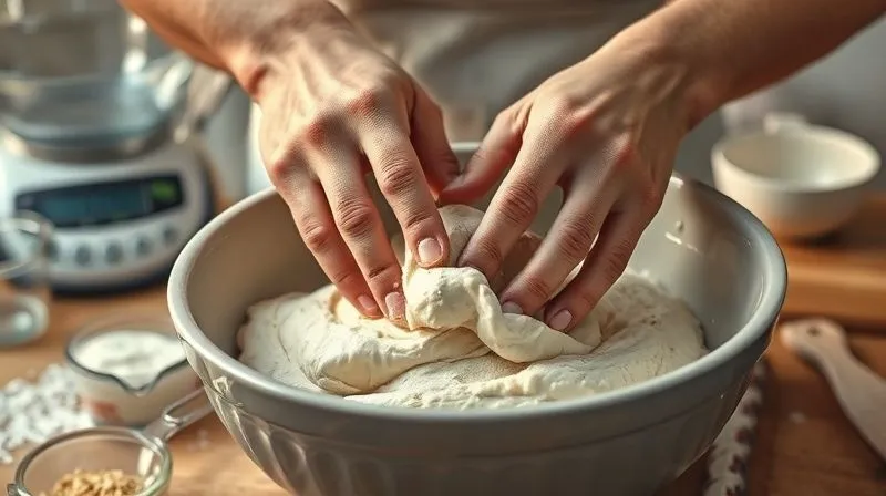 Photorealistic image of a baker's hands gently mixing gluten-free dough in a large ceramic bowl, with a soft, warm light illuminating the scene. The texture of the dough is slightly wet and cohesive. In the background, a digital kitchen scale and measuring cups are visible. Sharp focus on the hands and dough, depth of field blurring the background. 8K, professional photography, shot on a high-end DSLR.