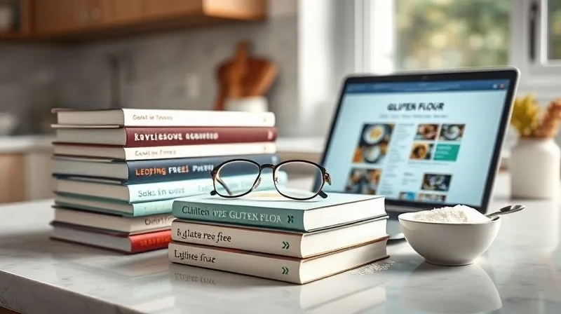 A photorealistic, professional photography shot of a modern kitchen counter with a stack of gluten-free cookbooks, a laptop displaying a recipe website, and a small bowl of rice flour with a measuring spoon. A pair of reading glasses rests on one of the books. Soft, natural light from a window, sharp focus on the books and laptop, depth of field blurring the background. 8K, shot on a high-end DSLR.