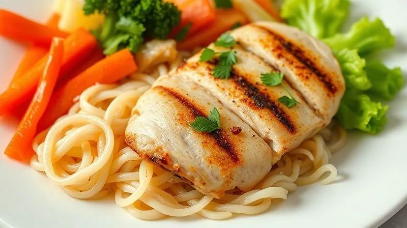 Photorealistic, professional photography, 8K, cinematic lighting, sharp focus, depth of field, shot on a high-end DSLR. A vibrant, healthy meal with rice noodles, colourful steamed vegetables, grilled chicken breast, and a light sauce. The food is perfectly arranged on a minimalist white plate, with natural light highlighting the textures and freshness, conveying a sense of health and balance.