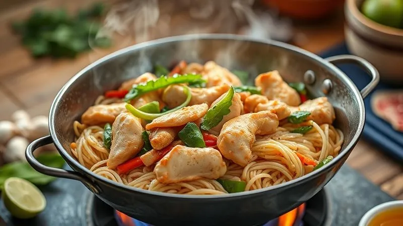 Photorealistic, professional photography, 8K, cinematic lighting, sharp focus, depth of field, shot on a high-end DSLR. A steaming wok filled with colourful rice noodles, tender chicken pieces, and crisp, fresh vegetables. The wok is on a stove with a subtle flame, surrounded by fresh ingredients like ginger, garlic, and lime, conveying a sense of healthy cooking and aromatic flavors.