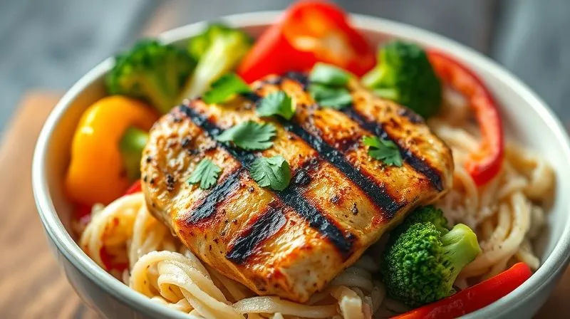 A vibrant bowl of rice noodles with perfectly grilled chicken breast, colorful bell peppers, broccoli florets, and a sprinkle of fresh cilantro, emphasizing lean protein and fresh, healthy ingredients. Photorealistic, professional photography, 8K, cinematic lighting, sharp focus, depth of field.