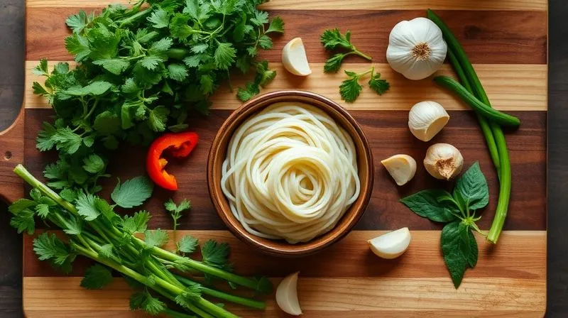 An overhead shot of a wooden cutting board with various fresh herbs like cilantro, basil, mint, and sliced chili peppers, ginger, and garlic, artfully arranged around a small, elegant bowl of rice noodles, illuminated by soft, natural kitchen light. Photorealistic, professional photography, 8K, cinematic lighting, sharp focus, depth of field.
