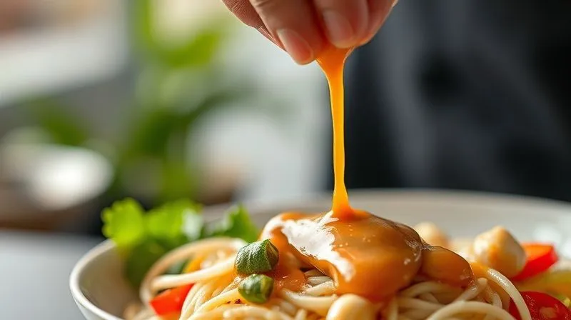 A close-up shot of a chef's hand gently drizzling a light, golden-brown homemade peanut sauce over a perfectly arranged plate of rice noodles with colorful vegetables and tofu, with a subtle steam effect. The focus is on the sauce and its glossy texture. Photorealistic, professional photography, 8K, cinematic lighting, sharp focus, depth of field.