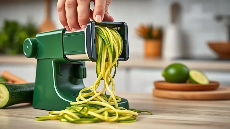 A close-up, photorealistic image of a hand using a spiralizer to create fresh zucchini noodles, with vibrant green zucchini and a clean kitchen background. Professional photography, 8K, cinematic lighting, sharp focus, depth of field, shot on a high-end DSLR.