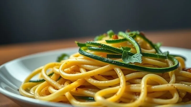A photorealistic image of a slightly watery and limp plate of zucchini noodles, looking unappetizing, contrasting with the vibrant ideal. Cinematic lighting, sharp focus on the texture, depth of field, 8K, shot on a high-end DSLR.