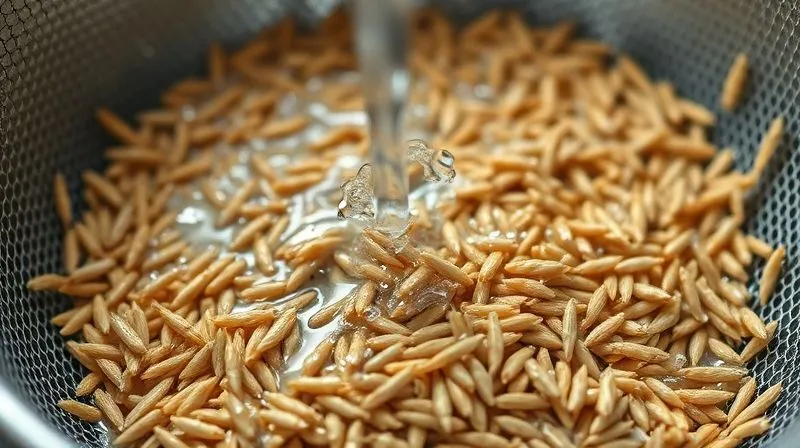 A close-up, photorealistic image of dry millet grains being rinsed under running water in a fine-mesh sieve, with water droplets sparkling. Professional photography, 8K, cinematic lighting, sharp focus, depth of field, shot on a high-end DSLR.