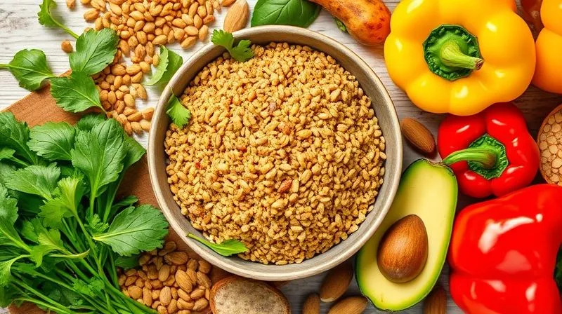 A vibrant, photorealistic flat lay of various healthy ingredients surrounding a bowl of cooked millet: fresh spinach, colorful bell peppers, cooked lentils, a sliced avocado, and a handful of almonds. Professional photography, 8K, cinematic lighting, sharp focus, depth of field, shot on a high-end DSLR.