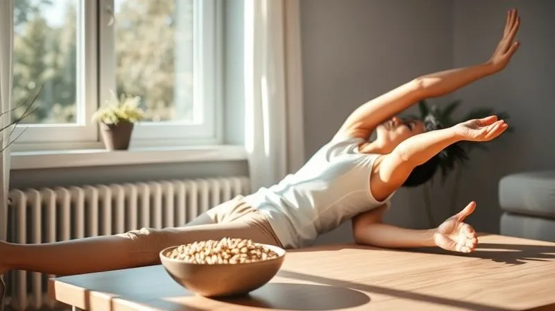A serene, photorealistic image of a person stretching gently in a minimalist, sunlit home environment, with a bowl of millet on a nearby table, symbolizing balanced lifestyle. Professional photography, 8K, cinematic lighting, sharp focus on the person, depth of field, shot on a high-end DSLR.