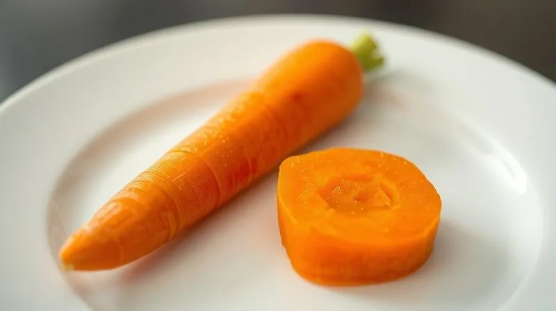 Photorealistic close-up of a raw, crunchy carrot stick next to a perfectly steamed, soft carrot piece, both on a clean white plate. The raw carrot should look vibrant and firm, while the cooked one appears tender. Cinematic lighting, sharp focus, 8K, depth of field, shot on a high-end DSLR, emphasizing the textural difference.