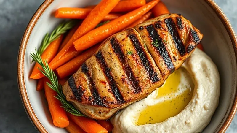 Photorealistic professional photography, 8K, cinematic lighting, sharp focus, depth of field, shot on a high-end DSLR. A vibrant bowl of roasted carrots, glistening with a light olive oil glaze, served alongside a perfectly grilled chicken breast and a dollop of creamy hummus. The composition should highlight the balanced meal, emphasizing healthy fats and protein.