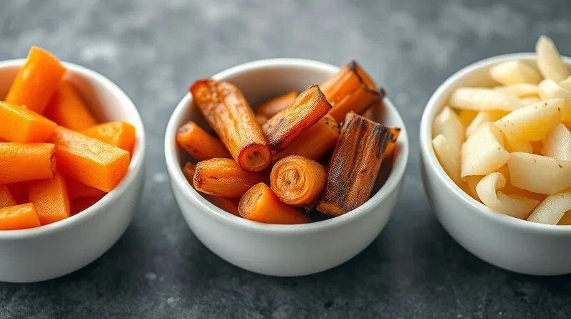 Photorealistic professional photography, 8K, cinematic lighting, sharp focus, depth of field, shot on a high-end DSLR. A vibrant composition showing three small bowls: one with bright orange, crisp-tender steamed carrots, another with slightly darker, caramelized roasted carrots, and a third with pale, overcooked boiled carrots. The contrast should be stark, highlighting the visual difference in preparation methods.