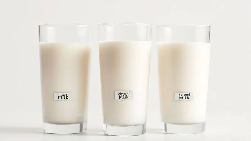 Photorealistic, professional photography, 8K, cinematic lighting, sharp focus, depth of field image comparing three glasses of milk: one with cow's milk, one with unsweetened almond milk, and one with sweetened almond milk. Each glass should have a small label indicating its caloric content per serving. The background is clean and bright, emphasizing the difference in health choices.