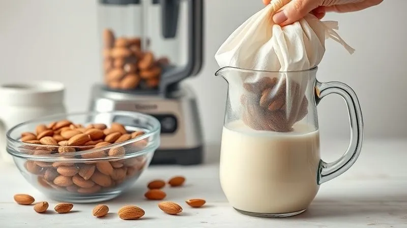 Photorealistic, professional photography, 8K, cinematic lighting, sharp focus, depth of field image showing the process of making homemade almond milk: a bowl of soaked almonds, a blender with almonds and water, and a person squeezing a nut milk bag to strain the milk into a glass pitcher. The scene is bright and clean, with a focus on fresh ingredients and hands-on preparation.