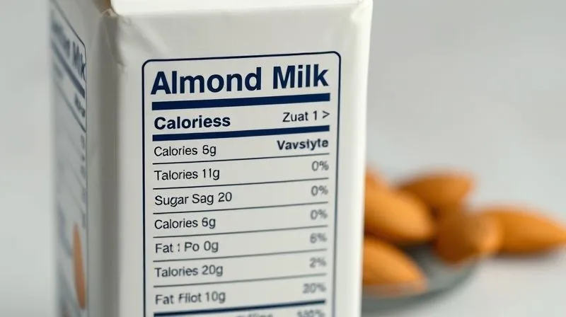A photorealistic close-up of a nutritional label on a carton of unsweetened almond milk, with key information like calories, sugar, and fat highlighted, sharp focus, professional photography, 8K.