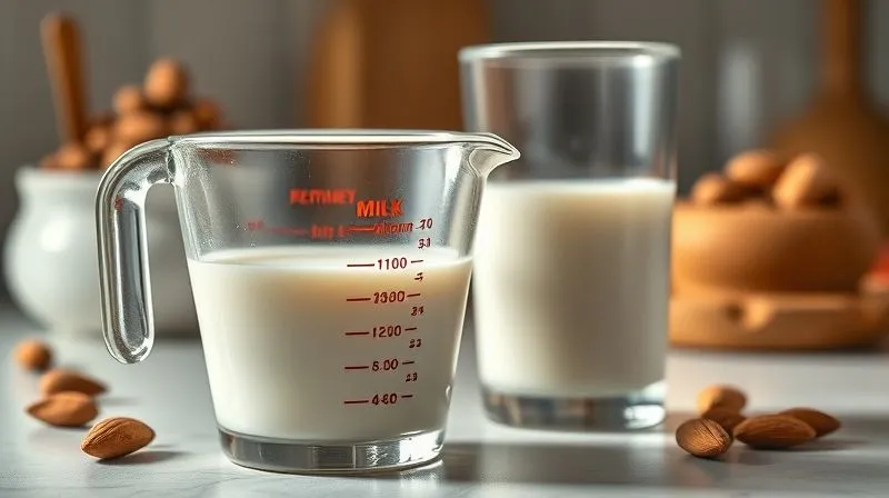 A photorealistic image of a measuring cup filled with almond milk next to a glass, emphasizing portion control in a kitchen setting, cinematic lighting, sharp focus, 8K.
