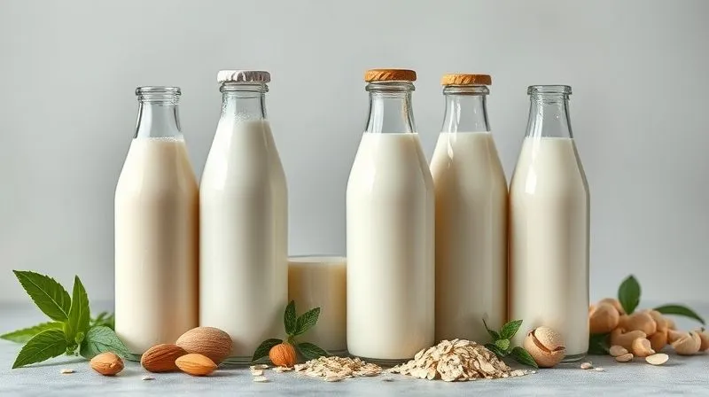A photorealistic arrangement of various plant-based milks – almond, soy, oat, cashew – in distinct, elegant bottles, showcasing variety and healthy choices, professional photography, 8K, soft natural light.