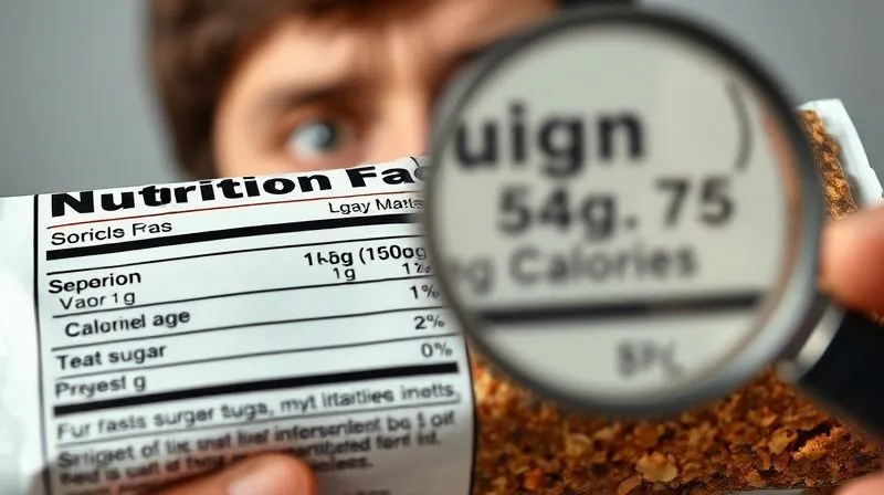 Photorealistic close-up of a nutrition label on a protein bar, with a magnifying glass highlighting the sugar and calorie content. The background is a blurred image of a confused person. Professional photography, 8K, cinematic lighting, sharp focus, depth of field, shot on a high-end DSLR.