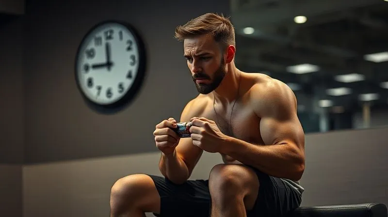 Photorealistic image of a person sitting frustratedly on a gym bench, holding a protein bar, looking at a slow-moving clock on the wall. Soft, slightly dim lighting conveying struggle and impatience. Professional photography, 8K, cinematic lighting, sharp focus on the person, depth of field blurring the background, shot on a high-end DSLR.