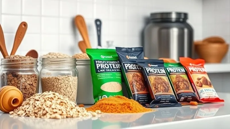 Photorealistic image of a neatly organized kitchen counter with various ingredients for homemade protein bars (oats, peanut butter, protein powder, dried fruits) next to a selection of healthy, low-sugar protein bars. Bright, natural lighting, professional photography, 8K, cinematic lighting, sharp focus, depth of field, shot on a high-end DSLR.