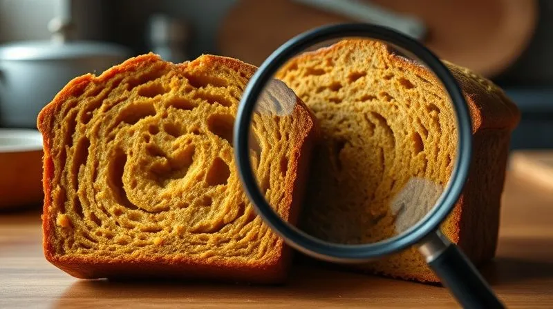 Photorealistic, professional photography, 8K, cinematic lighting, sharp focus, depth of field, shot on a high-end DSLR. A cross-section of a dry, crumbly pumpkin bread next to a perfect, moist slice. The dry slice is visibly brittle with large air pockets, while the moist one is dense, uniform, and slightly glistening. A magnifying glass hovers over the dry slice, emphasizing its flaws. Kitchen counter background.