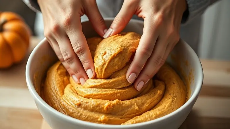 Photorealistic, professional photography, 8K, cinematic lighting, sharp focus, depth of field, shot on a high-end DSLR. A close-up of hands gently folding pumpkin bread batter in a ceramic bowl. The batter is thick and luscious, showing visible pumpkin specks and a uniform, slightly wet consistency. The hands are careful, emphasizing the 'do not overmix' principle. Soft, natural kitchen light.