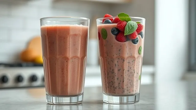 A photorealistic image showing two transparent glasses on a kitchen counter. One glass is filled with a dense, overly sweet smoothie, clearly indicating high sugar content with visible chunks of processed sweets. The other glass contains a lighter, more vibrant smoothie with visible fresh berries, spinach, and chia seeds, suggesting health and fiber. Cinematic lighting, sharp focus on the glasses, depth of field blurring the background, 8K hyper-detailed.