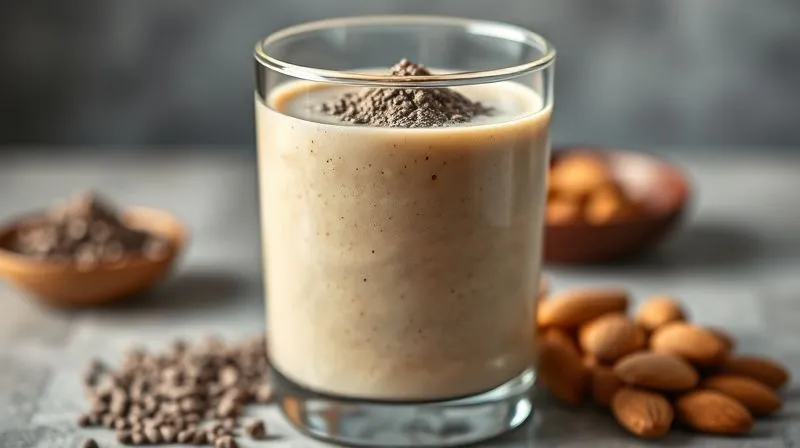 A photorealistic, professional photography, 8K, cinematic lighting, sharp focus, depth of field, shot on a high-end DSLR of a transparent glass filled with a creamy, protein-rich smoothie. Visible ingredients include a scoop of protein powder, a few chia seeds, and a handful of almonds on the side. The texture is smooth and inviting. The background is blurred, focusing on the healthy ingredients.