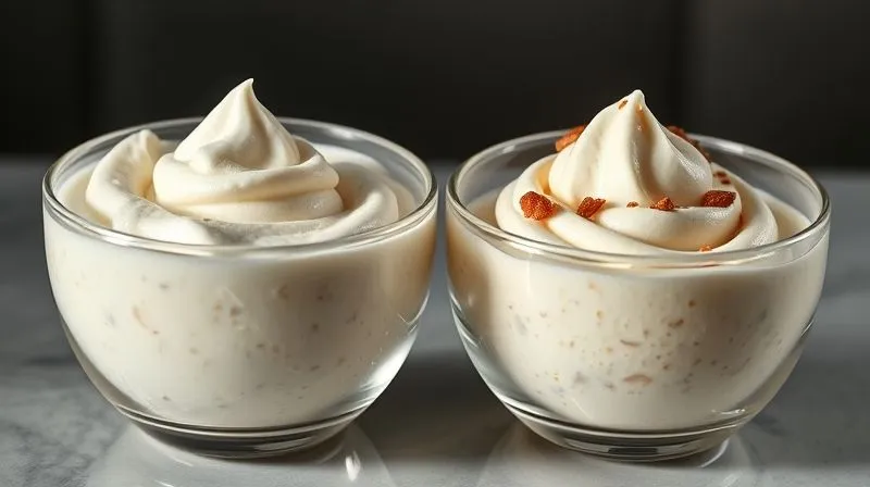 Photorealistic close-up of a light, airy protein mousse contrasted with a denser, ingredient-rich version, both in elegant glass bowls. Cinematic lighting, sharp focus on texture differences, 8K.