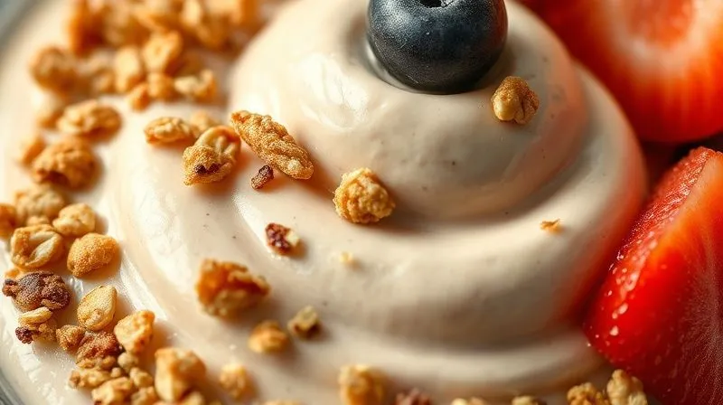 A close-up, photorealistic shot of a protein mousse with varied textures: creamy base, crunchy granola, and fresh fruit pieces. Dynamic lighting highlights each texture. 8K, professional food photography.