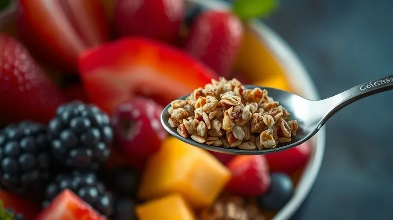 A close-up, photorealistic image of a beautiful fruit bowl with a small, almost hidden label indicating "excess calories" on a spoonful of granola, cinematic lighting highlighting the contrast between perceived health and hidden caloric density, professional photography, 8K, sharp focus, depth of field, shot on a high-end DSLR.