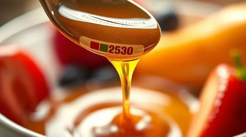 A photorealistic close-up of a spoonful of honey dripping into a fruit bowl, with a subtle, almost translucent overlay of a calorie counter showing a high number, emphasizing the hidden caloric density. Cinematic lighting, sharp focus on the honey, depth of field, professional photography, 8K, shot on a high-end DSLR.