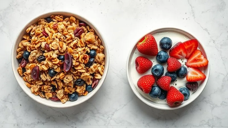 A photorealistic overhead shot of two fruit bowls side by side: one significantly larger and overflowing with granola, dried fruits, and honey, looking heavy. The other smaller and perfectly portioned, vibrant fruit bowl with fresh berries, skyr, and a sprinkle of chia seeds, looking light and refreshing. Cinematic lighting, sharp focus, depth of field, professional photography, 8K, shot on a high-end DSLR.