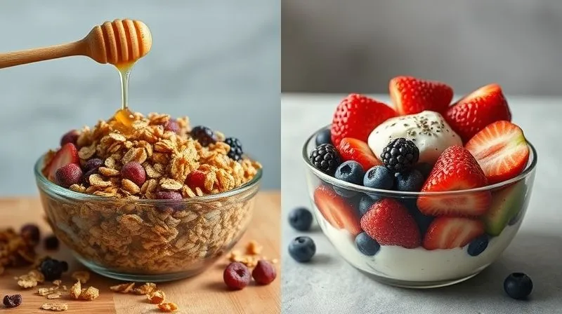 A split image, photorealistic. On the left: an oversized, unhealthy fruit bowl overflowing with granola, dried fruits, and honey, looking heavy. On the right: a smaller, perfectly portioned, vibrant fruit bowl with fresh berries, skyr, and a sprinkle of chia seeds, looking light and refreshing. Cinematic lighting, sharp focus, depth of field, professional photography, 8K, shot on a high-end DSLR.