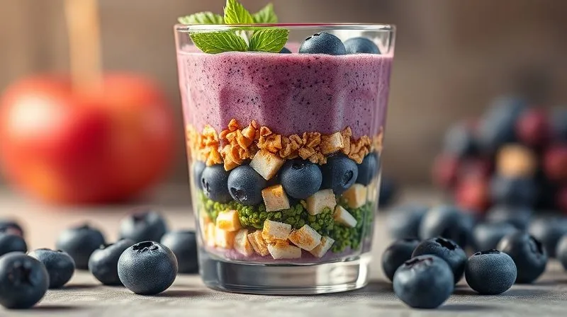 Photorealistic, professional photography, 8K, cinematic lighting, sharp focus, depth of field, shot on a high-end DSLR. A visually striking cross-section of a blueberry smoothie glass, showing distinct layers of high-calorie, sugary ingredients at the bottom and top, while healthy but insufficient ingredients are in the middle. The overall impression is one of imbalance and hidden caloric density. The lighting highlights the texture and richness of each layer, making it look deceptive.