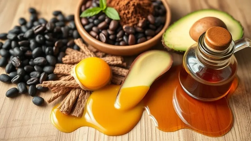 A close-up, photorealistic image of various ingredients for bean brownies: black beans, cocoa powder, eggs, avocado, and maple syrup, artfully arranged on a wooden table with soft, natural light, professional photography, 8K, cinematic lighting, sharp focus, depth of field, shot on a high-end DSLR.