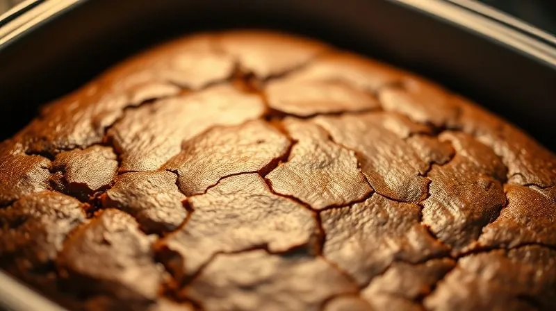 A photorealistic, professional photography shot of a perfectly baked, glistening bean brownie, still in the baking pan, just out of the oven. The surface is slightly cracked, indicating a good texture. Soft, warm kitchen lighting, 8K, cinematic lighting, sharp focus, depth of field, shot on a high-end DSLR.