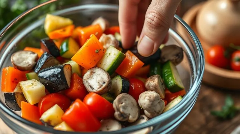 A close-up, photorealistic, professional photography shot of colorful chopped vegetables (zucchini, bell peppers, eggplant, cherry tomatoes, mushrooms) marinating in a glass bowl, glistening with a light herb and olive oil dressing. A hand is gently tossing them. Cinematic lighting, sharp focus on the textures of the vegetables and herbs, with a shallow depth of field blurring the kitchen background. 8K hyper-detailed, shot on a high-end DSLR, conveying freshness and anticipation of flavor.