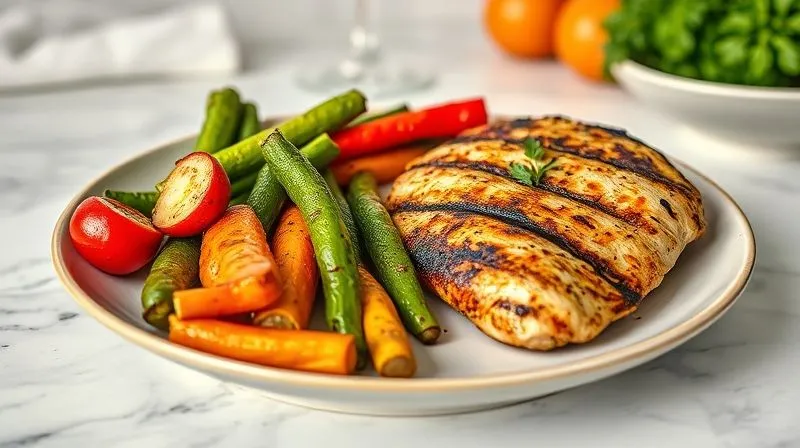 A photorealistic, professional photography shot of a perfectly plated, healthy dinner. On the plate, vibrant grilled vegetables are artfully arranged next to a succulent, grilled chicken breast or a piece of grilled fish, garnished with fresh herbs. The setting is a clean, modern kitchen or dining table, with soft, natural light. Sharp focus on the food, with a shallow depth of field. 8K hyper-detailed, shot on a high-end DSLR, conveying health, elegance, and deliciousness.