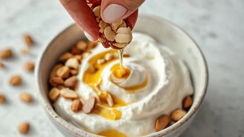 Photorealistic, professional photography, 8K, cinematic lighting, sharp focus, depth of field, shot on a high-end DSLR. A hand sprinkling chopped almonds and walnuts over a bowl of Greek yogurt, with a drizzle of honey, emphasizing healthy fats and natural sweetness. The scene is bright and inviting, suggesting a nourishing start to the day.