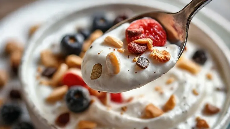 Photorealistic, professional photography, 8K, cinematic lighting, sharp focus, depth of field, shot on a high-end DSLR. A close-up of a spoon scooping a richly textured Greek yogurt breakfast, filled with various nuts, seeds, and berries, showing the layers and diversity of ingredients, emphasizing satiety and healthy choices.