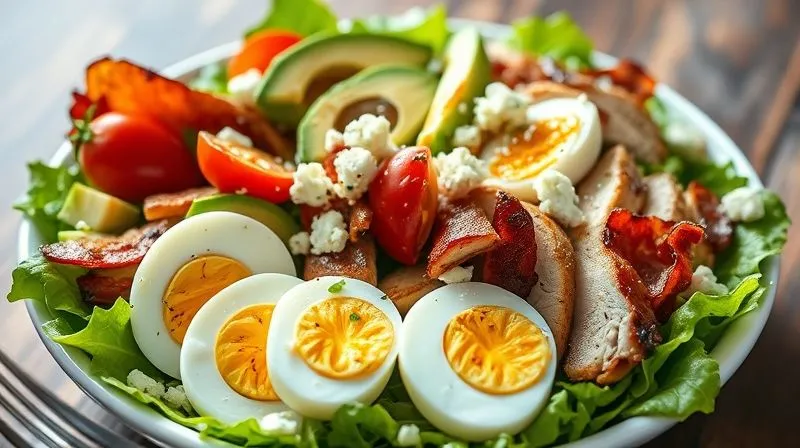 A vibrant, photorealistic low-carb Cobb salad with perfectly sliced hard-boiled eggs, grilled chicken, crispy bacon, avocado, cherry tomatoes, and blue cheese crumbles, drizzled with a light vinaigrette. Professional photography, 8K, cinematic lighting, sharp focus on the salad, depth of field blurring the background, shot on a high-end DSLR.