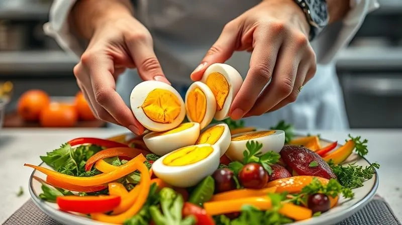 A professional photography, 8K, cinematic lighting, sharp focus, depth of field, shot on a high-end DSLR image of a chef's hands delicately arranging perfectly sliced hard-boiled eggs on a vibrant plate filled with colorful, fresh low-carb vegetables and herbs. The background shows a clean, modern kitchen, emphasizing culinary creativity and expertise. The mood is inspiring and educational.