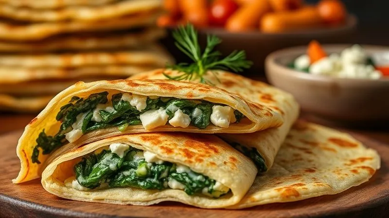 A close-up, photorealistic image of a perfectly golden-brown rice pancake, folded and generously filled with a creamy, vibrant green spinach and feta cheese mixture, garnished with a sprig of fresh dill. In the background, a stack of freshly cooked pancakes and a bowl of colorful ingredients, suggesting healthy, satisfying options. Professional photography, 8K, cinematic lighting, sharp focus on the filling, depth of field, shot on a high-end DSLR.