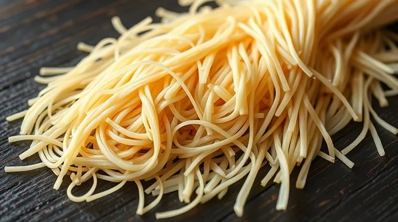 Photorealistic close-up of different types of dry gluten-free rice noodles (thin vermicelli, wider flat noodles, and thicker strands) arranged neatly on a dark wooden table, showcasing their varying textures and forms. The lighting is soft and natural, emphasizing the delicate and slightly translucent quality of the noodles, with a shallow depth of field. Shot on a high-end DSLR, 8K, professional photography.