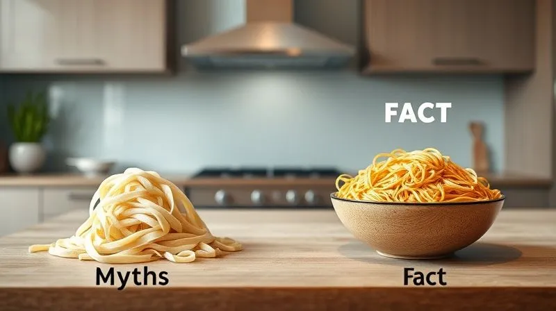 A visually appealing infographic on a clean, modern kitchen counter, illustrating the 'Myths vs. Facts' about gluten-free rice noodles. One side shows a clumpy, sad pile of noodles labeled 'Myth', and the other a perfectly separated, vibrant bowl of noodles labeled 'Fact'. Professional photography, 8K, cinematic lighting, sharp focus, depth of field. The infographic design should be clear and easy to read, with subtle text elements (no actual readable text, just suggestion of text blocks).